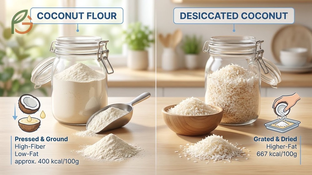 Coconut flour vs desiccated coconut difference regarding calorie count and liquid absorption in baking recipes.