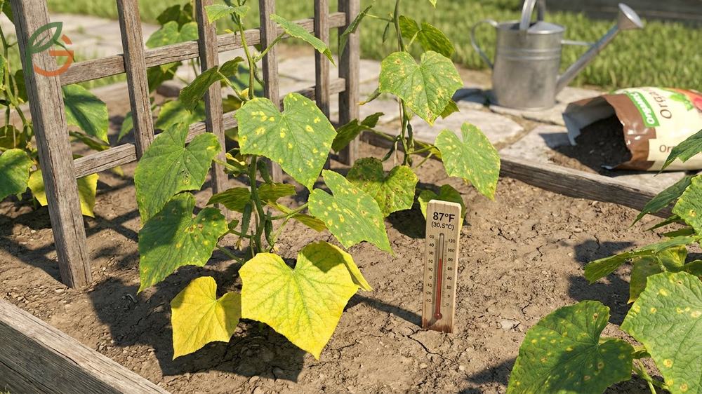 Cucumber plants turning yellow symptoms identifying nitrogen shortage in older leaves versus magnesium interveinal chlorosis.