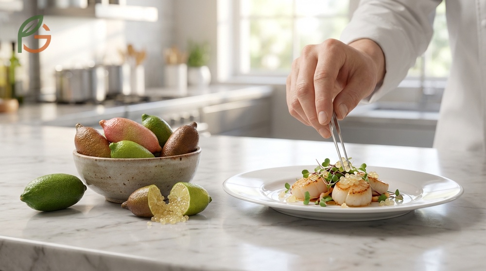 Finger lime pearls garnished on fresh oysters and seafood to demonstrate gourmet culinary uses.