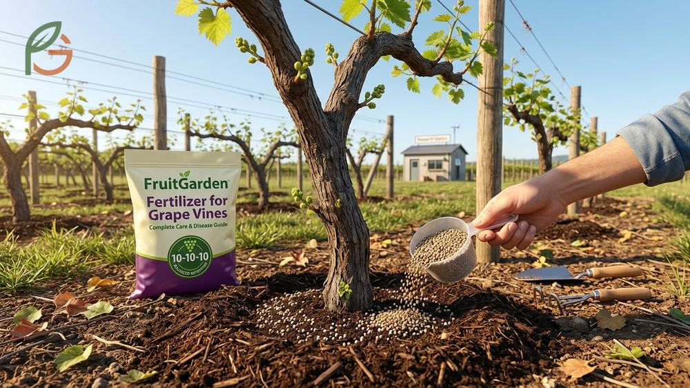 Fertilizer for grape vines guide showing balanced nutrition application for healthy growth and disease resistance.