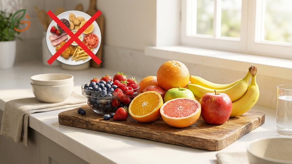 Foods to enjoy and avoid during pregnancy including safe fruits like berries and citrus for balanced nutrition.
