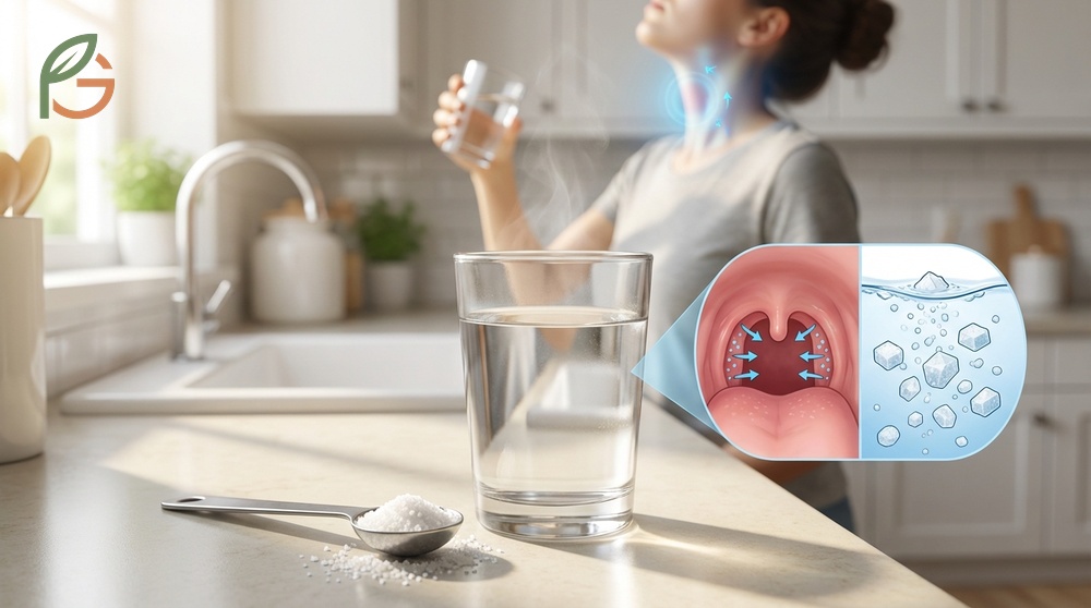 Gargling salt water reduces throat swelling through osmotic pressure by drawing excess fluid from inflamed tissues.