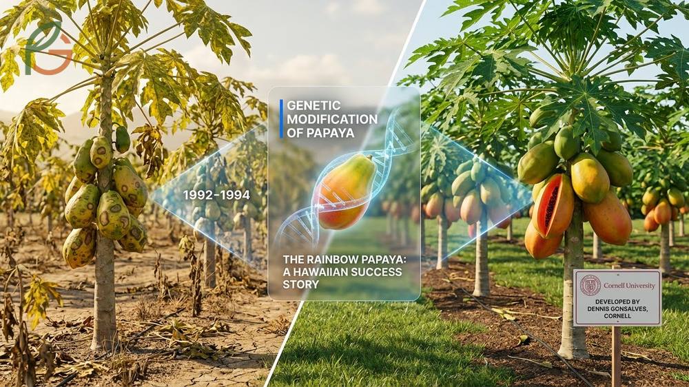 Genetic modification of papaya featuring the Rainbow variety developed to resist ringspot virus in Hawaii.