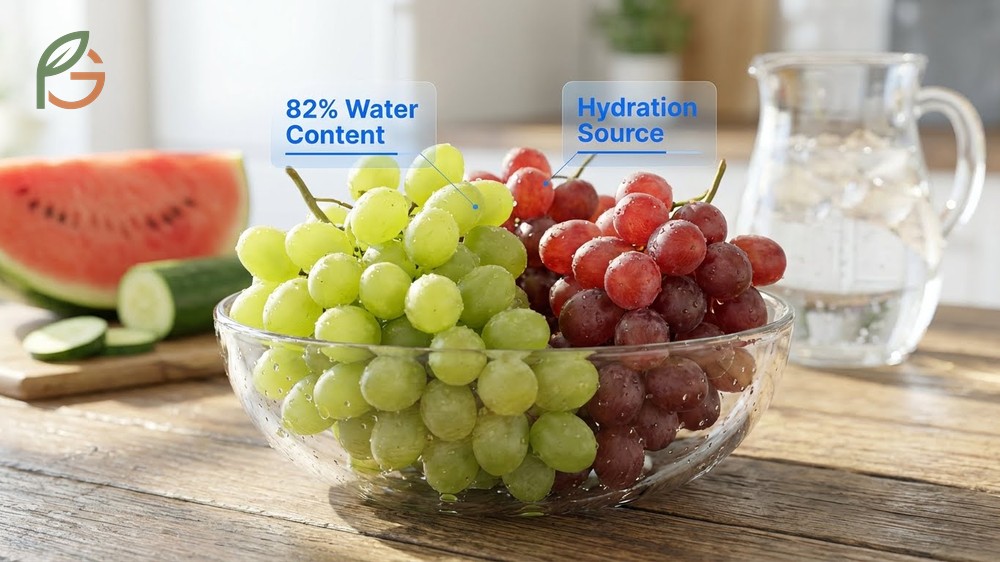 Grapes water content of eighty two percent providing natural hydration and electrolytes for the body.