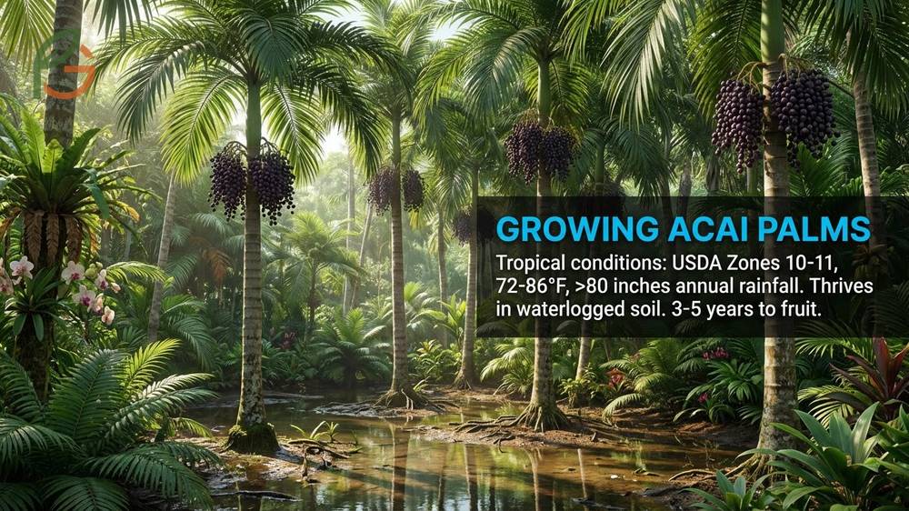 Acai berry nutritional information context on growing palms in USDA zones 10-11 with high humidity requirements.
