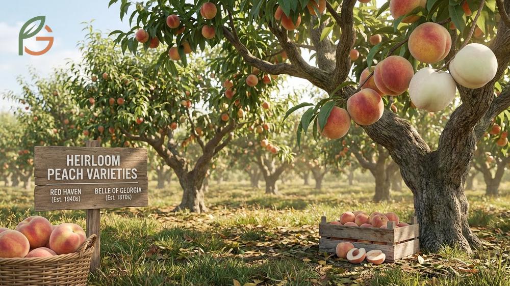 Heirloom peach trees describing ancient varieties like Indian Blood and Elberta known for intense complex flavors.