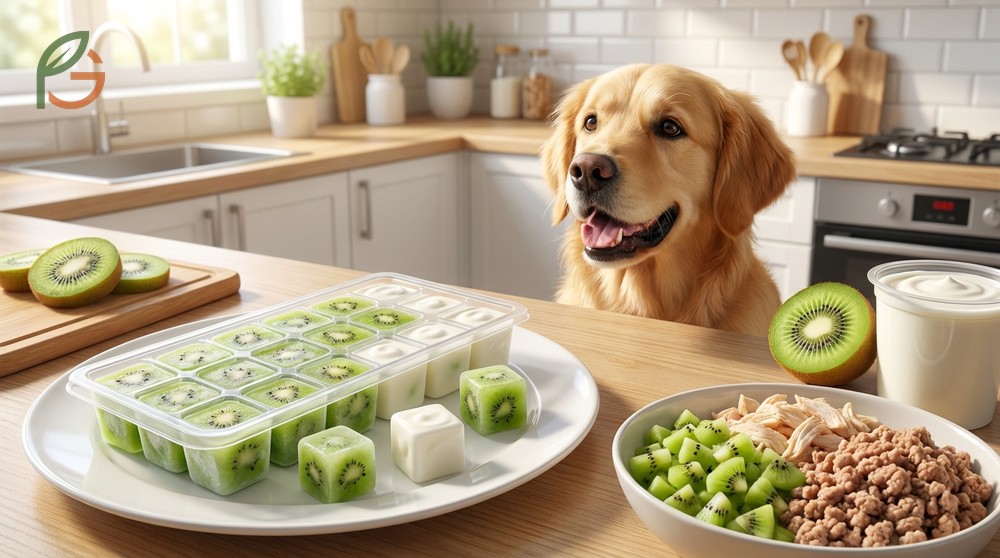 Homemade dog treats with kiwi mixed with yogurt or lean meat for healthy training rewards.
