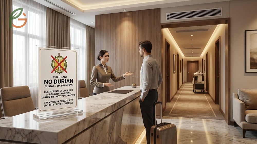 Hotel bans durian policies displaying warnings about cleaning fees of 250 dollars to cover specialized odor remediation.