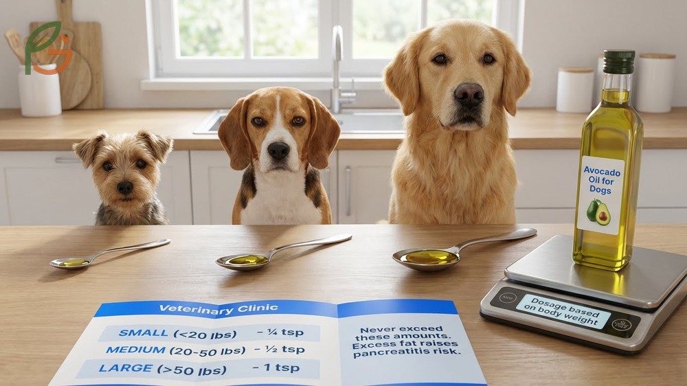 How much avocado oil for dogs chart showing 1 teaspoon max dosage for large breeds over 50 pounds.