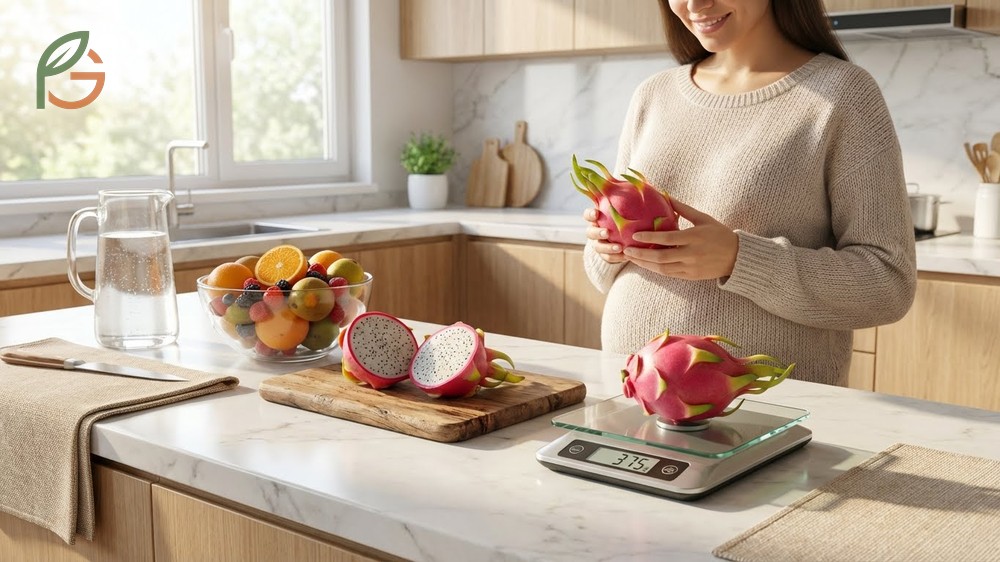 Recommended daily intake of 200 to 400g of dragon fruit for pregnant women to ensure balanced nutrition.