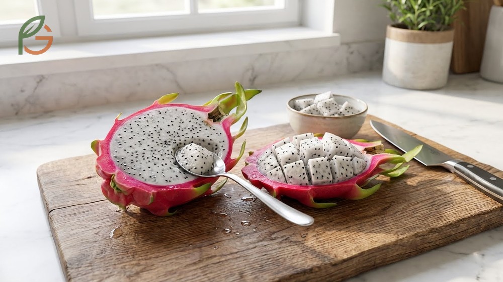 How to eat dragon fruit by scooping flesh or slicing cubes from red and white varieties.