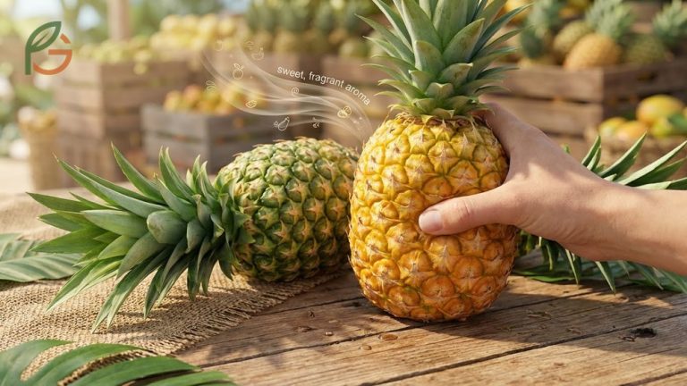 A ripe pineapple features 50 to 75 percent yellow coloring and emits a sweet fragrance from the bottom.