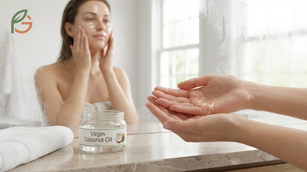 How to use coconut oil for face care by warming drops between palms and massaging onto damp skin for maximum absorption.