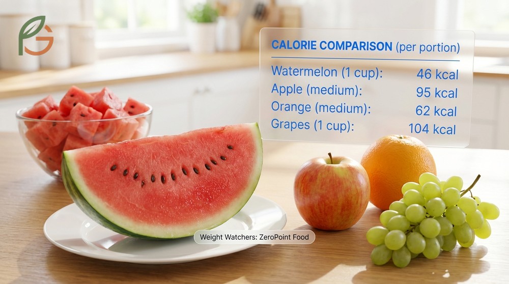 Is watermelon low calorie is confirmed with only 46 calories per cup making it a ZeroPoint food on weight loss programs.