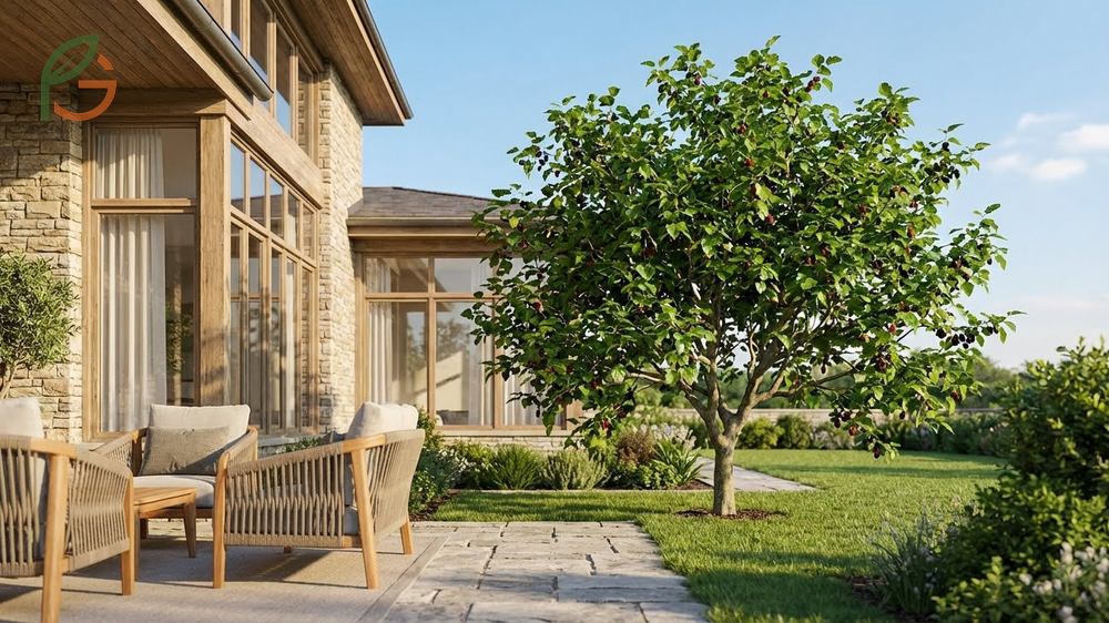 Landscape mulberry tree placement suggesting locations 15 feet from driveways to avoid fruit staining while maximizing visibility from viewing areas.