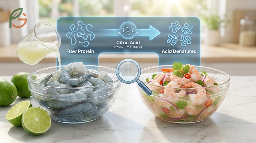 Does lime juice cook shrimp process showing acid changing protein structure without heat or killing bacteria.
