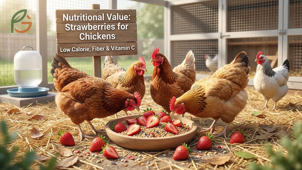 Nutritional value of strawberries for chickens highlighting vitamin C and fiber content per 100 grams.