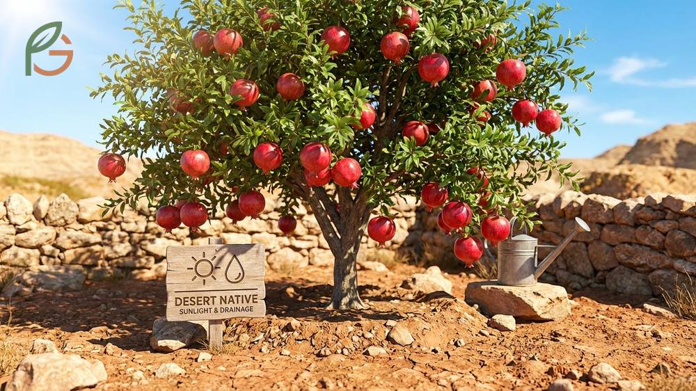 Pomegranate tree care requirements focusing on full sunlight exposure and well drained soil for optimal yields.
