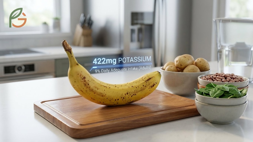 Potassium in banana offers 422mg per medium fruit which covers 9 percent of daily needs for heart health.