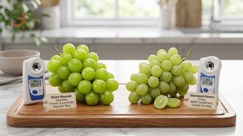 Shine muscat vs green grapes comparison showing the larger size and glossier skin of the premium variety.