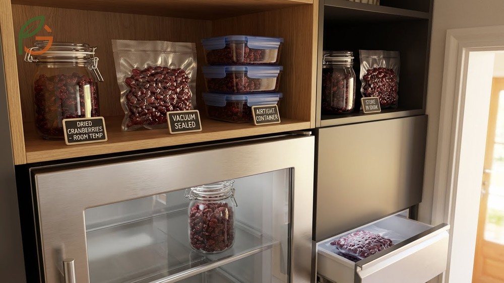 Storage tips for dried cranberries using airtight containers in cool dark places to maintain quality for up to 12 months.