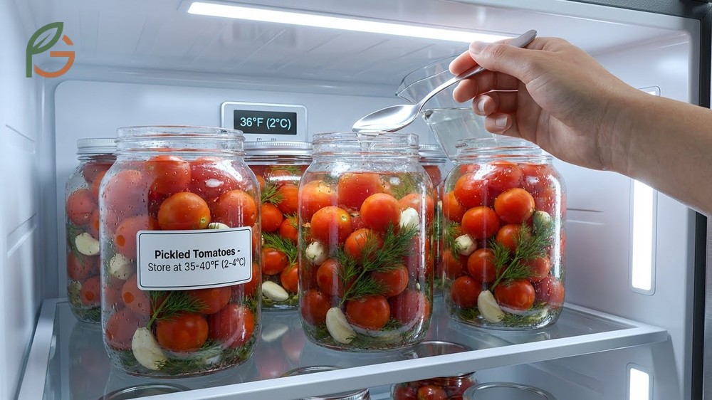 Storage pickled tomatoes kept in the refrigerator at 35 to 40 degrees Fahrenheit maintain peak quality for 3 months.