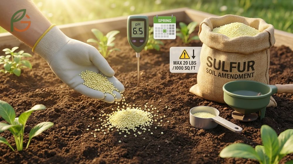 Sulfur soil amendment best practices involve applying pellets in spring and mixing them into the root zone.