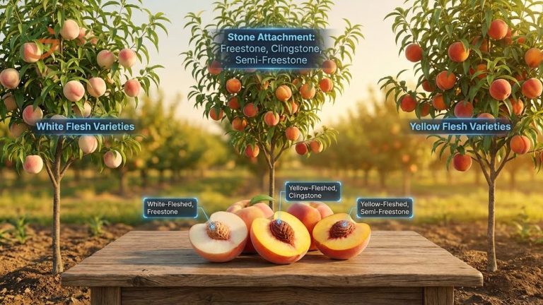 Types of peach trees showing white yellow and freestone varieties for garden selection.