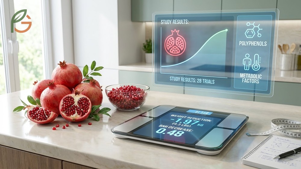 Weight loss fruits like pomegranate promote satiety with 83 calories per 100g and high fiber content for fullness.