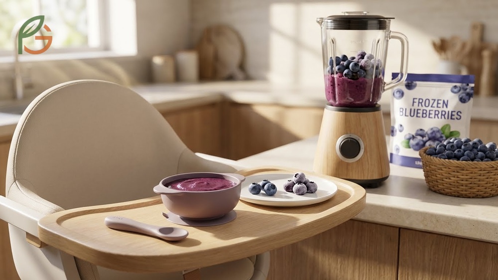 Blueberry puree for baby benefits due to high antioxidant content and low allergy risk for 6 month olds.