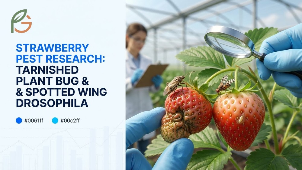 Bugs on strawberry plants including tarnished plant bugs and spotted wing drosophila damaging fruit.
