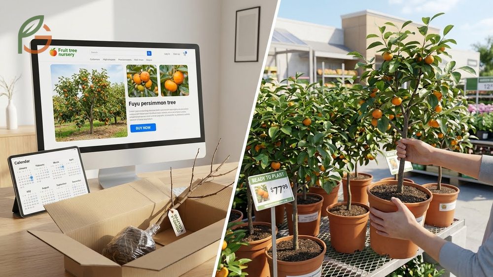 Buy Fuyu persimmon tree options comparing specialized online fruit tree nurseries with local big-box retailer availability.
