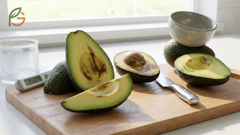 Black spots inside avocados often result from vascular browning caused by cold storage below forty one degrees Fahrenheit.