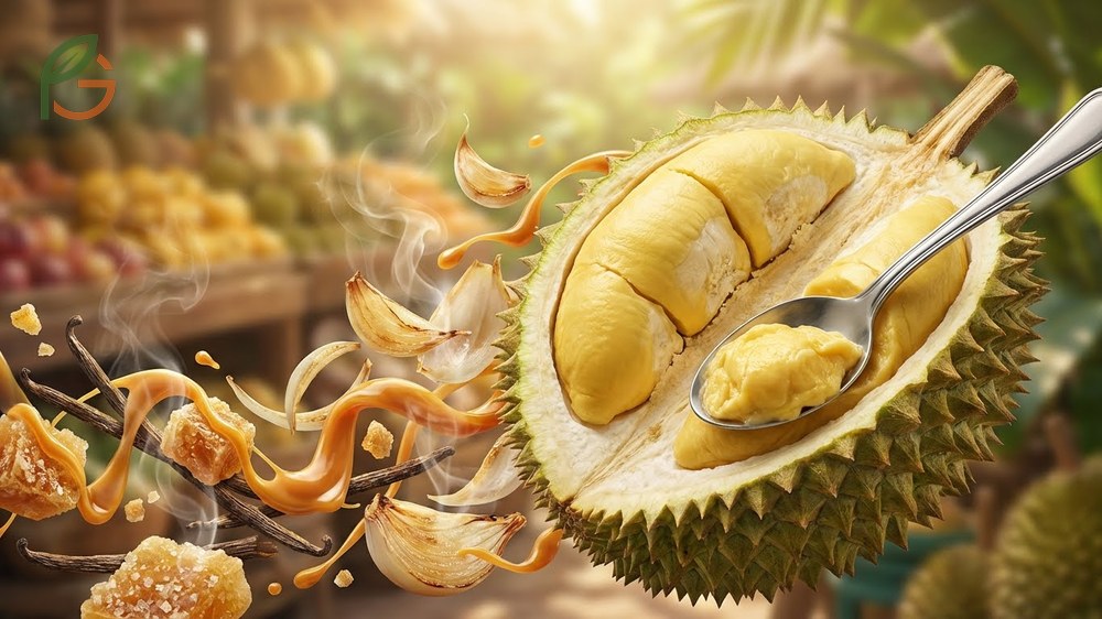 What does durian taste like profile features butterscotch notes and 27g of sugar per 100g in ripe fruit.