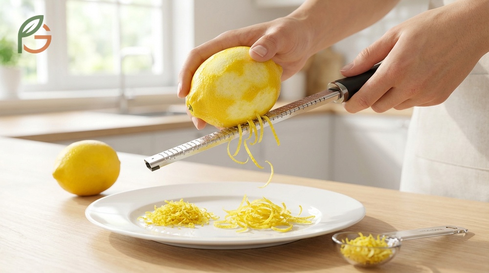 How to zest a lemon using a microplane grater to create fine powder like particles for baking.