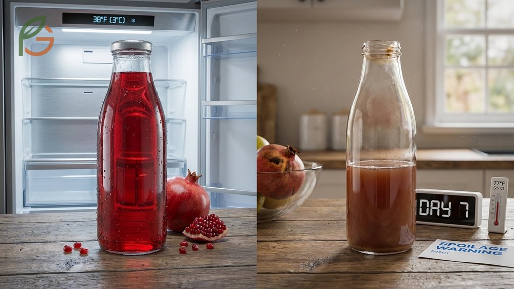 Does pomegranate juice go bad due to temperature fluctuations above 40 degrees Fahrenheit and oxygen exposure.