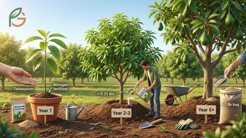 Fertilizer for avocado trees schedule detailing nitrogen needs for young plants to support vigorous growth.