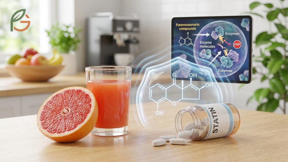 Grapefruit and statins interact when furanocoumarins block the intestinal CYP3A4 enzyme and prevent normal medication breakdown.