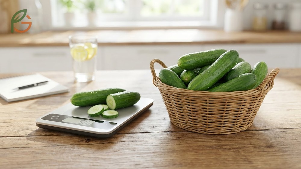 How many calories in a mini cucumber detailed as 15 calories per 100g with negligible fat content.
