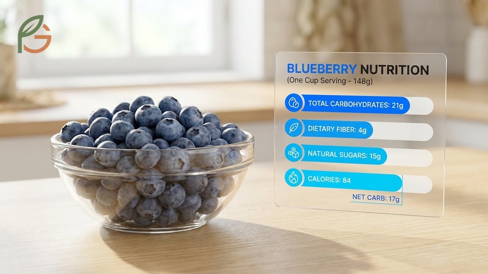How many carbs in blueberries shown with 21 grams total carbs and 15 grams natural sugars per cup.