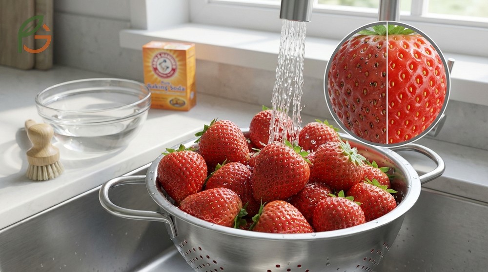 How to clean strawberries to remove surface contaminants and hidden insects from porous skin.