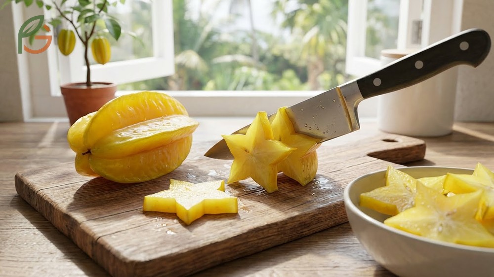 How to cut a starfruit using essential tools like a sharp chef knife and stable cutting board.