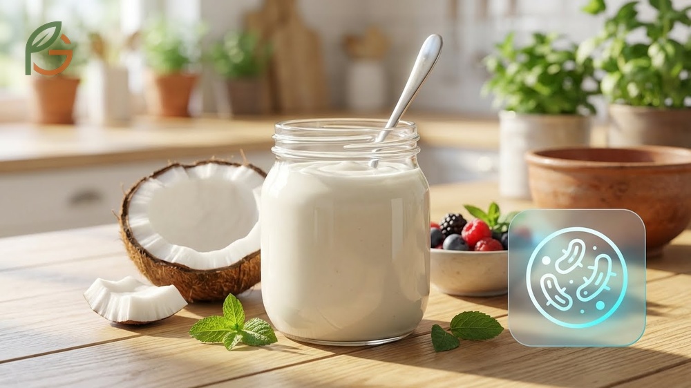 Is coconut yogurt healthy containing 7.55-8.57 log CFU/mL of beneficial bacteria after 30 days of refrigeration.