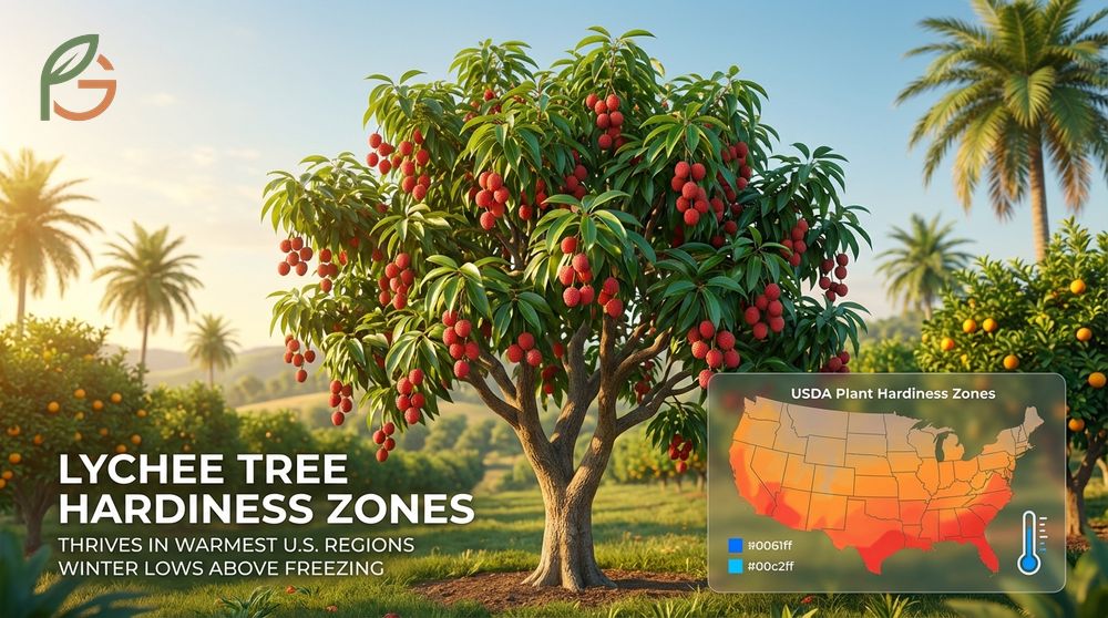 Lychee tree hardiness zone map highlighting optimal growth conditions in USDA zones 10 and 11 for fruit production.