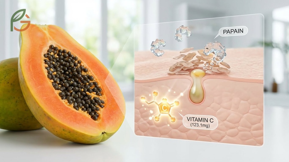Papaya fruit containing 137 percent of daily vitamin C needs to boost collagen production and improve skin elasticity.