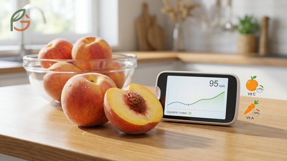Peaches and diabetes nutritional breakdown showing vitamin content and fiber benefits for metabolic health.