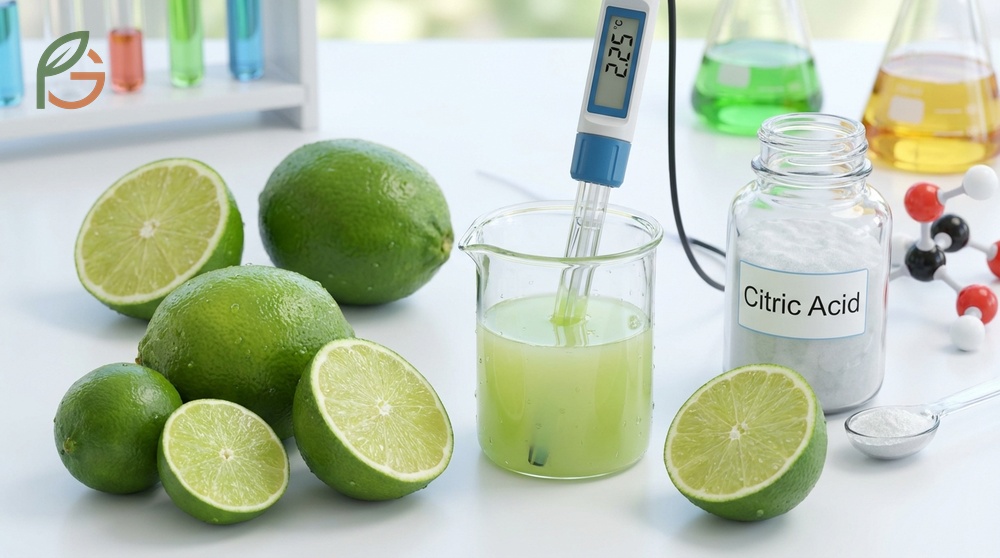 The pH of lime juice measures 2.0 to 2.35 due to a high concentration of citric acid reaching 0.30 mol per liter.