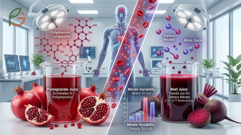 Pomegranate juice vs beet juice analysis revealing significant differences in nitrate concentration and bioactivity.