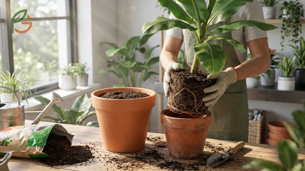 Repotting banana tree steps involve moving the root ball to a larger container with fresh soil mix.