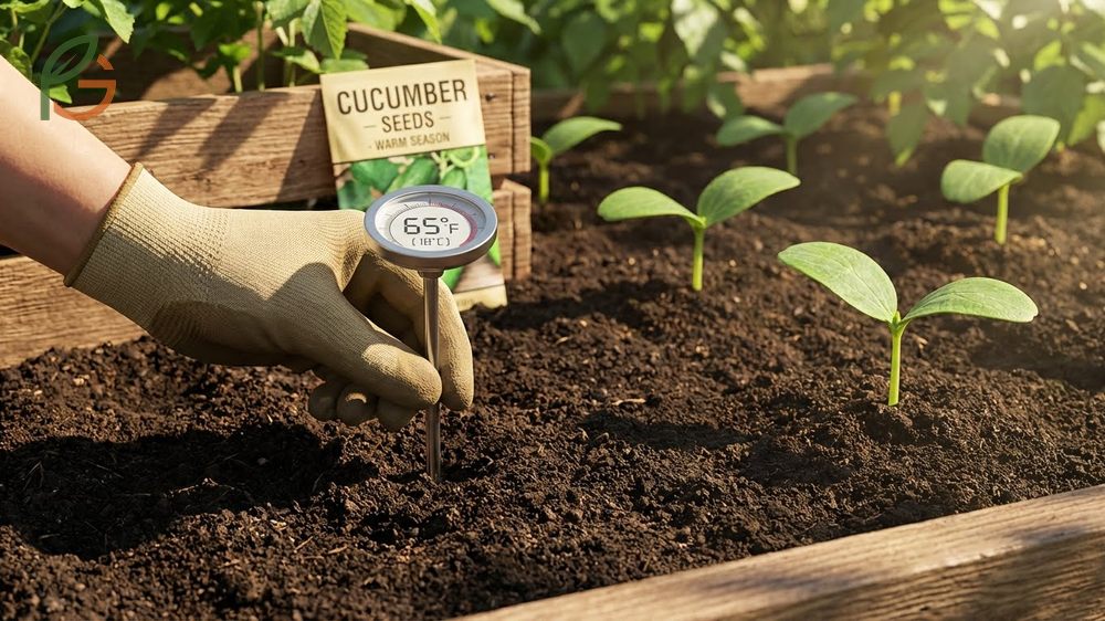 Soil thermometer inserted into garden bed reading seventy degrees fahrenheit for optimal cucumber seed germination.
